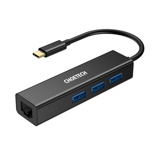 Choetech USB-C 3-Port Hub + Gigabit Ethernet Port, Black
